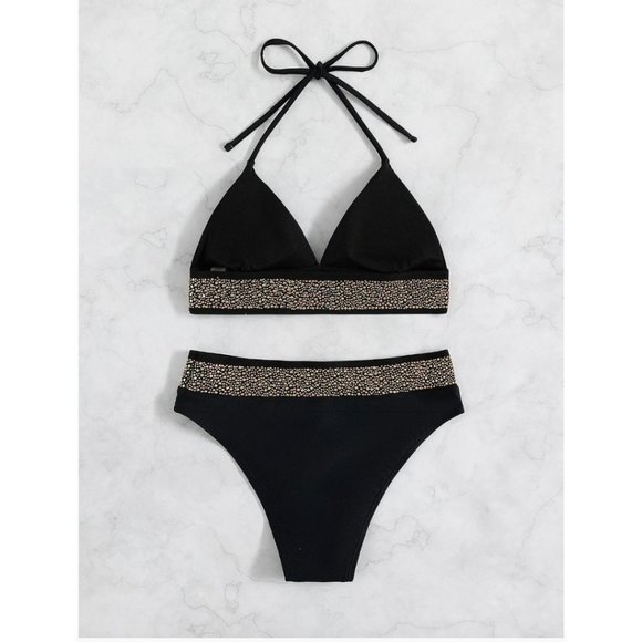 Studded Halter High Waisted Bikini Swimsuit Bathing suit - Picture 2 of 8